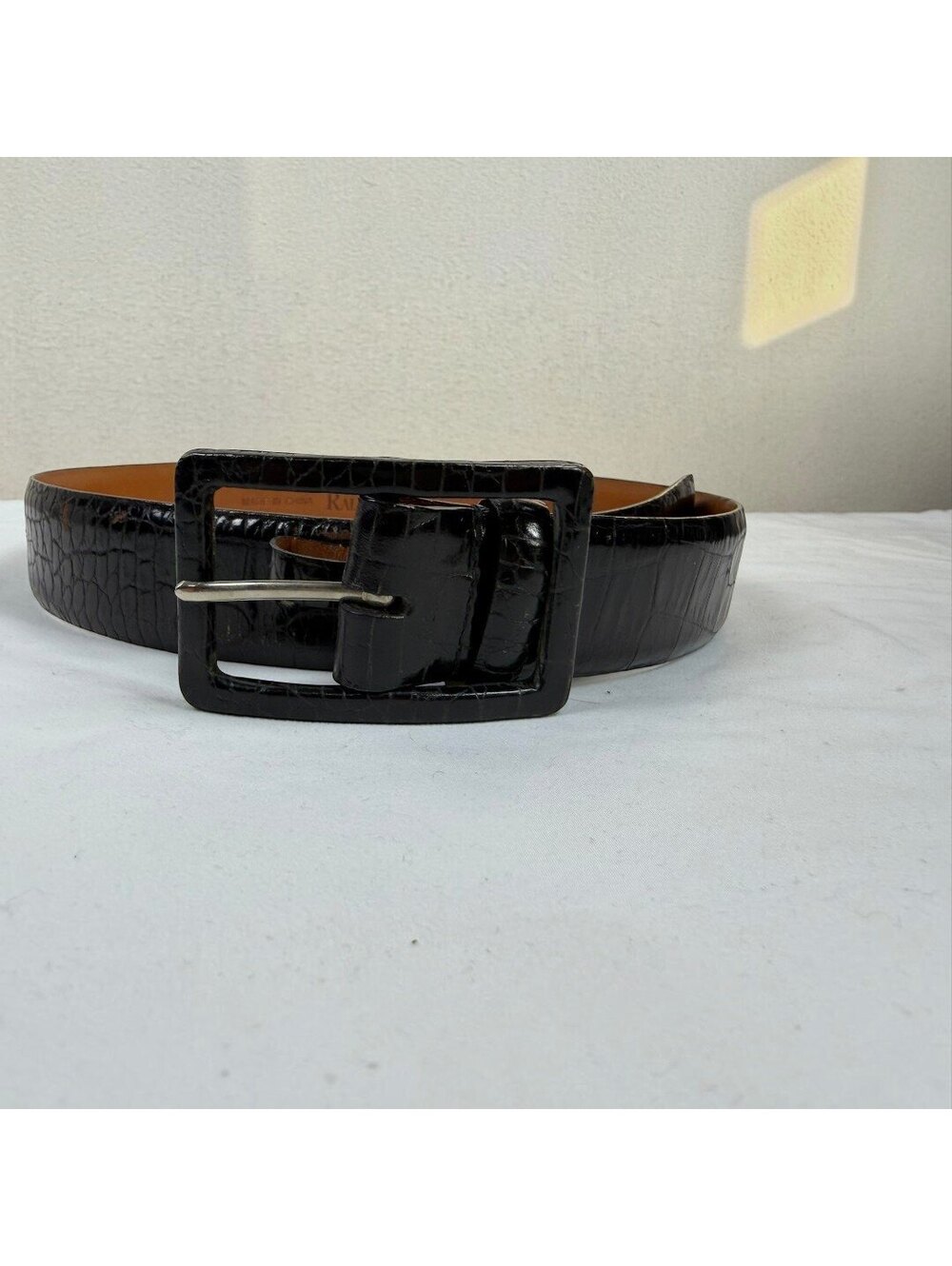 Vintage Ralph Lauren Croc Embossed Leather Belt Silver Logo Plaque Size Small